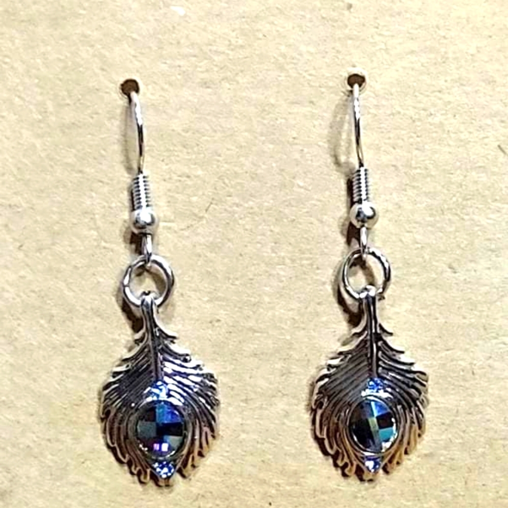 Peacock feather silver earrings